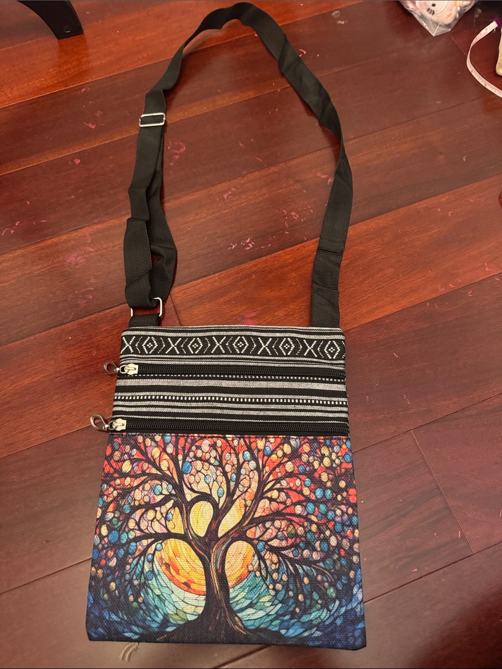 Multi-Color Tree Print Crossbody Bag with Black Strap